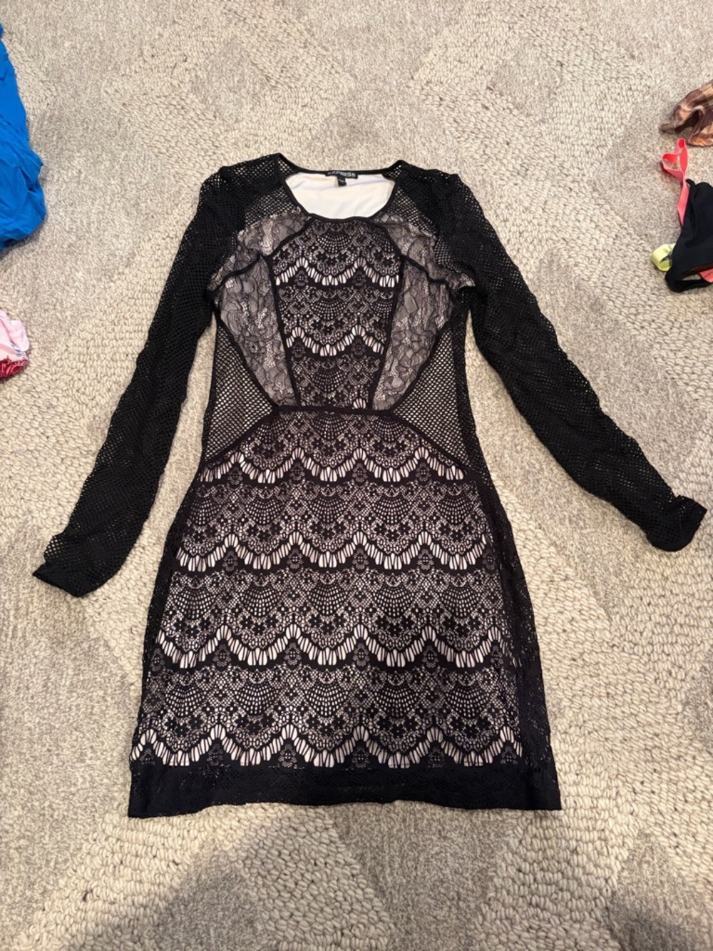 Express Black Lace & Nude-Lined Long Sleeve Dress